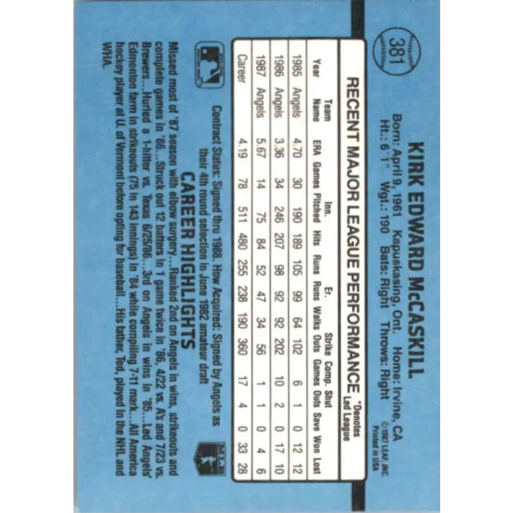 1988 Donruss #381 Kirk McCaskill EX California Angels Baseball Card - Baseball Card Single