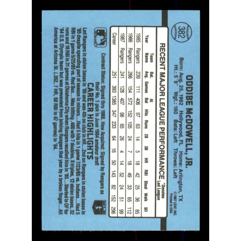 1988 Donruss #382 Oddibe McDowell EX Texas Rangers Baseball Card - Baseball Card Single