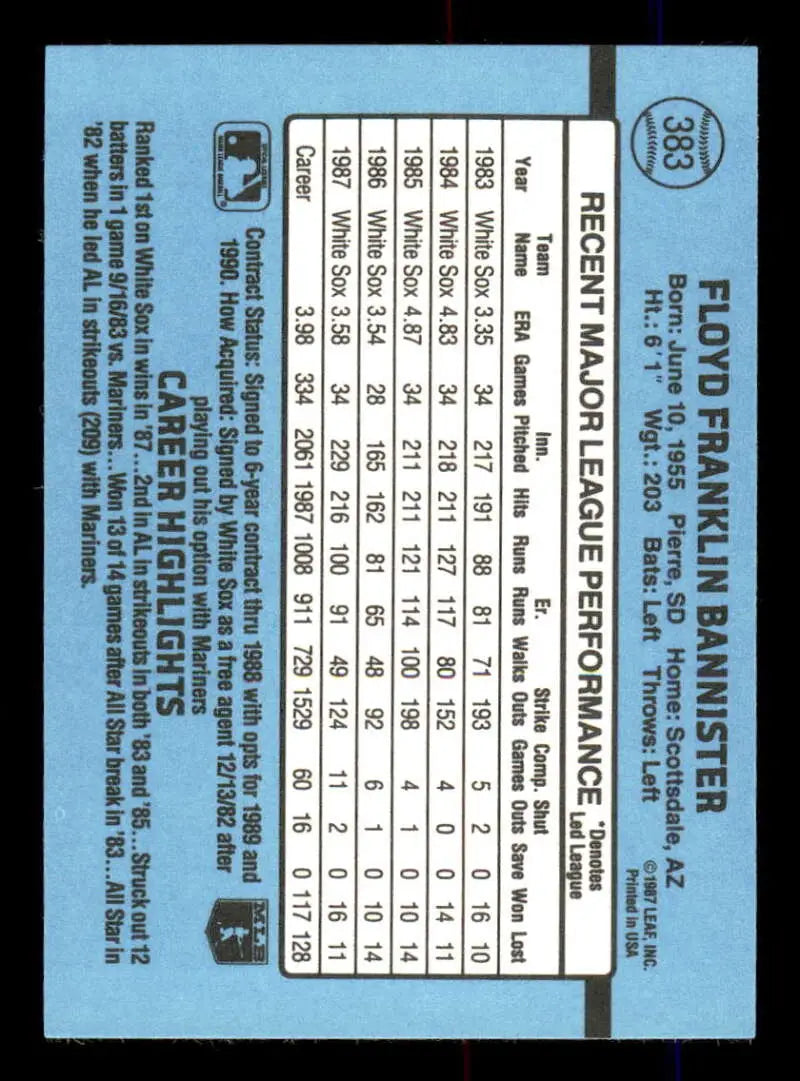 1988 Donruss #383 Floyd Bannister NM-MT Chicago White Sox Baseball Card - Baseball Card Single