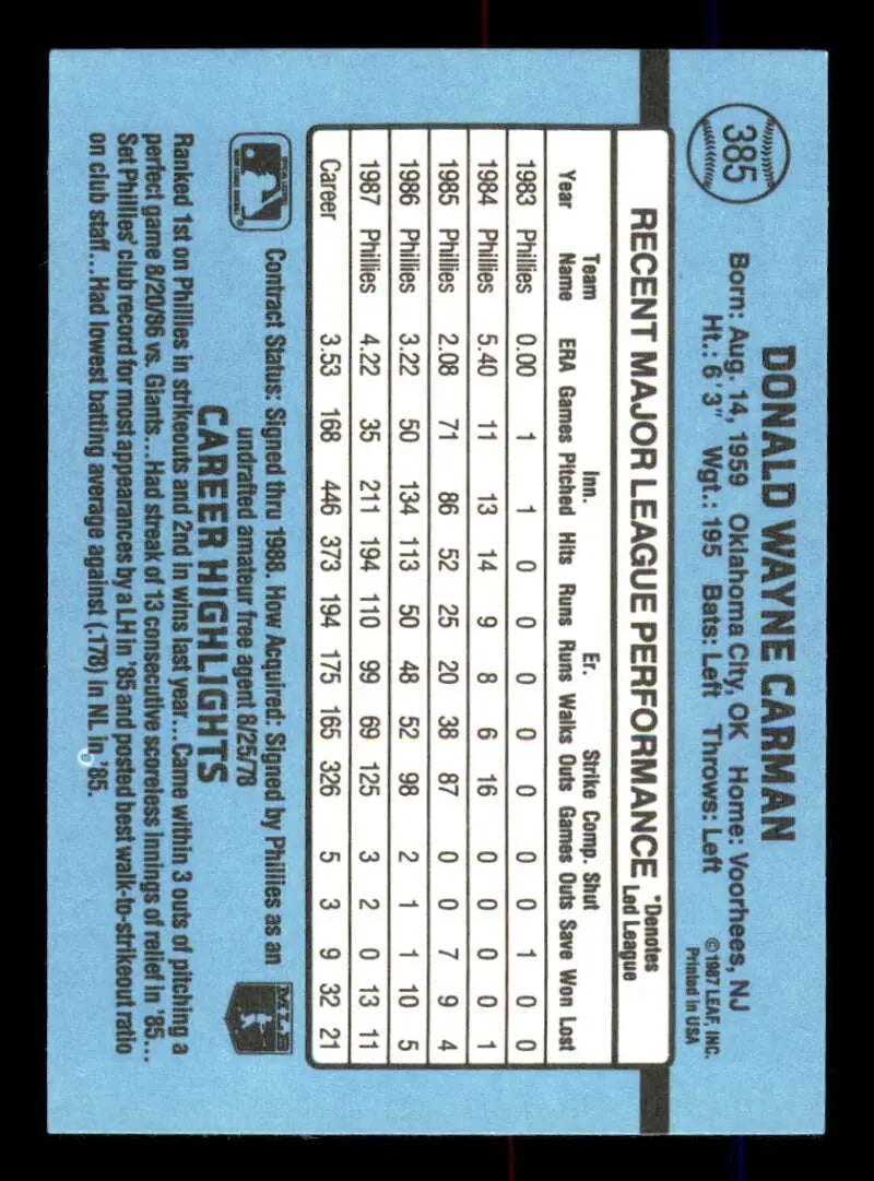 1988 Donruss #385 Don Carman NM-MT Philadelphia Phillies Baseball Card - Baseball Card Single