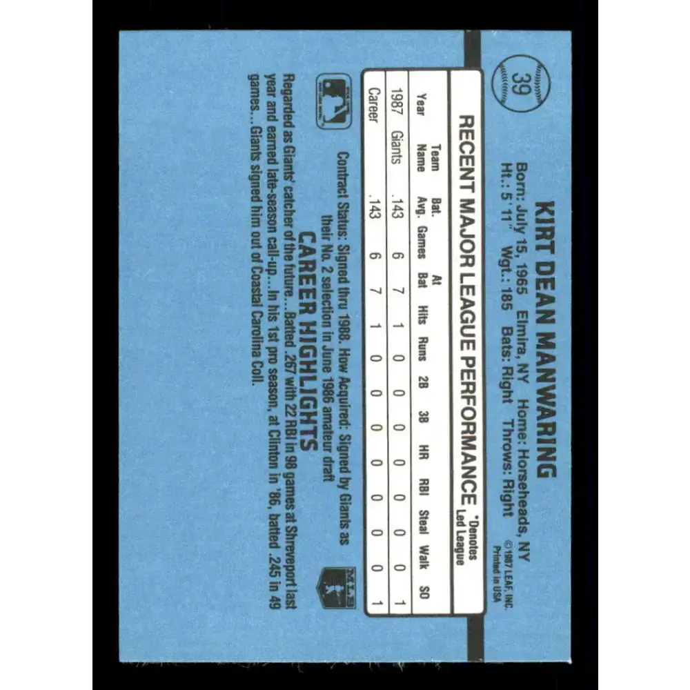 1988 Donruss #39 Kirt Manwaring EX RC Rookie San Francisco Giants Baseball Card