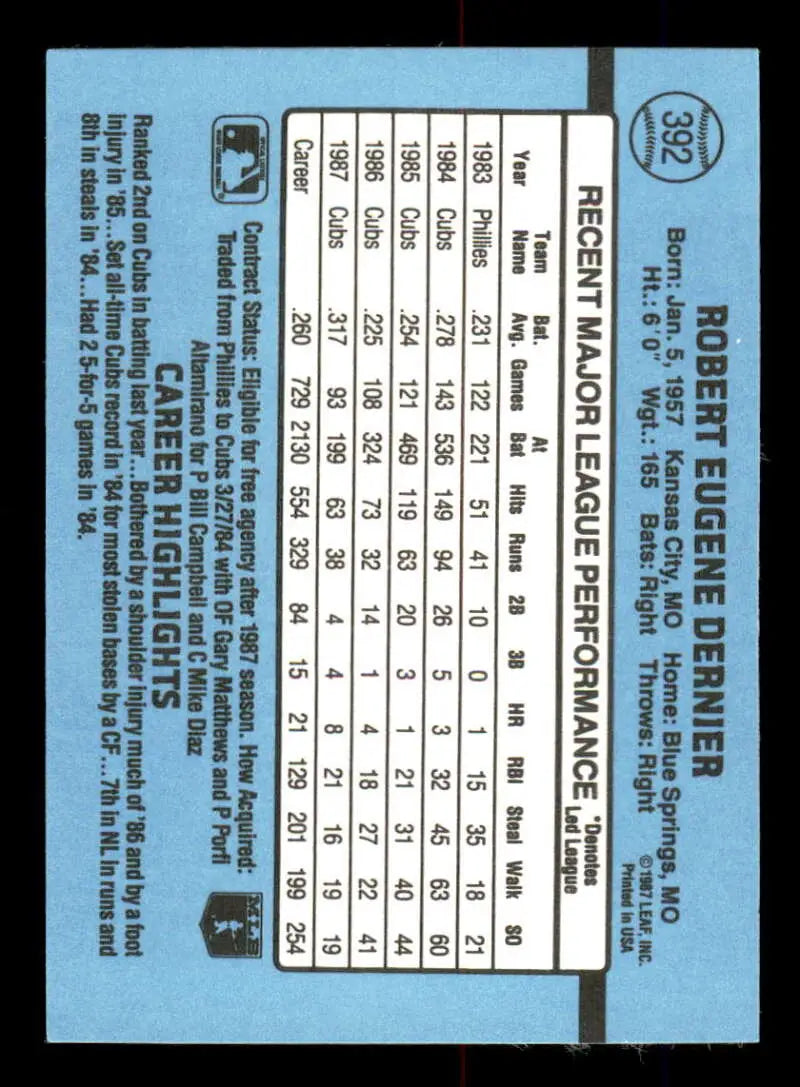 1988 Donruss #392 Bob Dernier NM-MT Chicago Cubs Baseball Card - Baseball Card Single