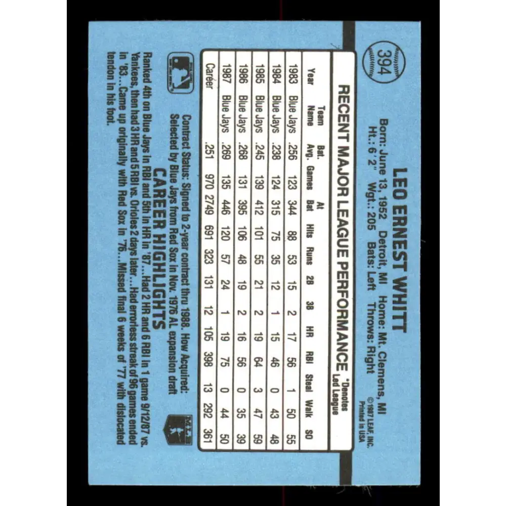 1988 Donruss #394 Ernie Whitt EX Toronto Blue Jays Baseball Card Image 2