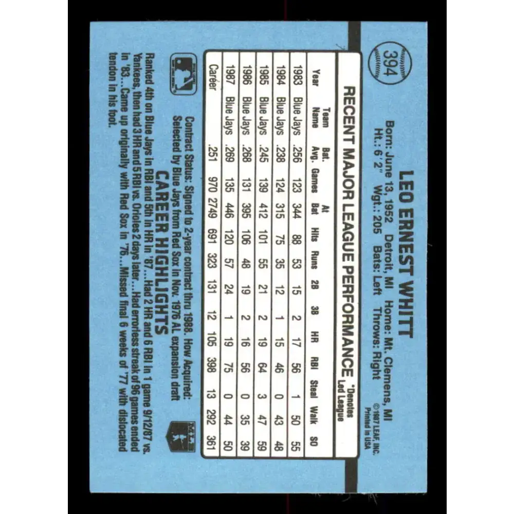 1988 Donruss #394 Ernie Whitt EX Toronto Blue Jays Baseball Card - Baseball Card Single