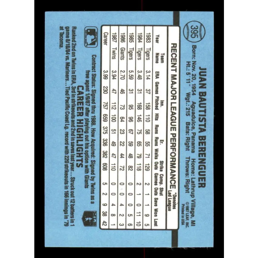 1988 Donruss #395 Juan Berenguer EX Minnesota Twins Baseball Card Image 2