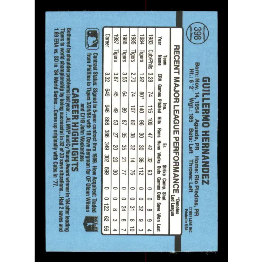 1988 Donruss #398 Willie Hernandez EX Detroit Tigers Baseball Card - Baseball Card Single
