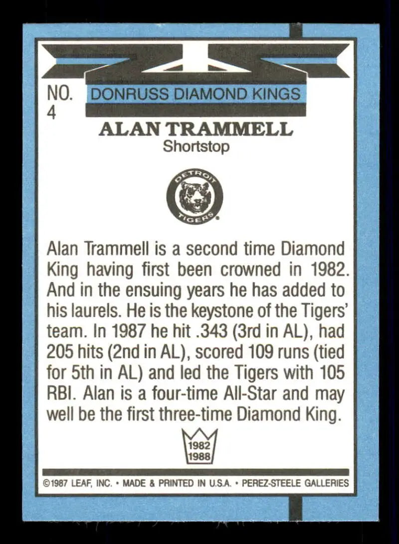 1988 Donruss #4 Alan Trammell NM-MT Detroit Tigers Baseball Card - Baseball Card Single