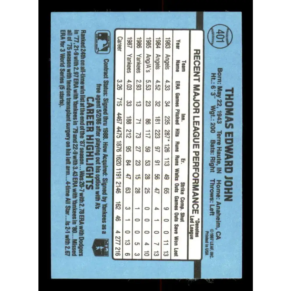 1988 Donruss #401 Tommy John EX New York Yankees Baseball Card - Baseball Card Single