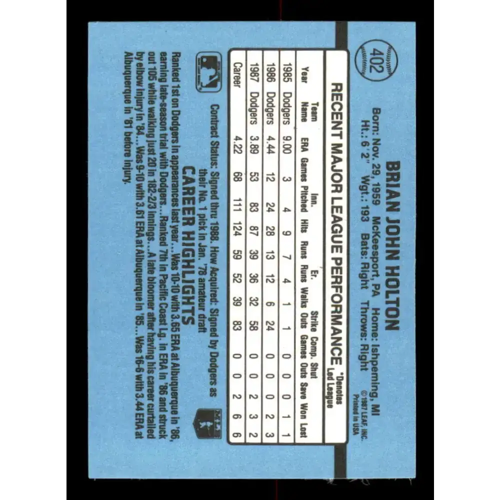 1988 Donruss #402 Brian Holton EX Los Angeles Dodgers Baseball Card - Baseball Card Single