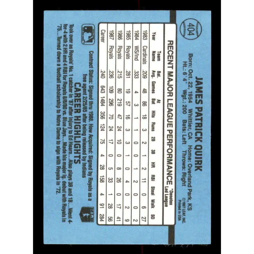 1988 Donruss #404 Jamie Quirk EX Kansas City Royals Baseball Card - Baseball Card Single