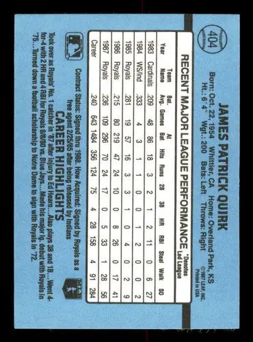 Original gloss James Patrick Quirk baseball card from 1988 Donruss Royals collection