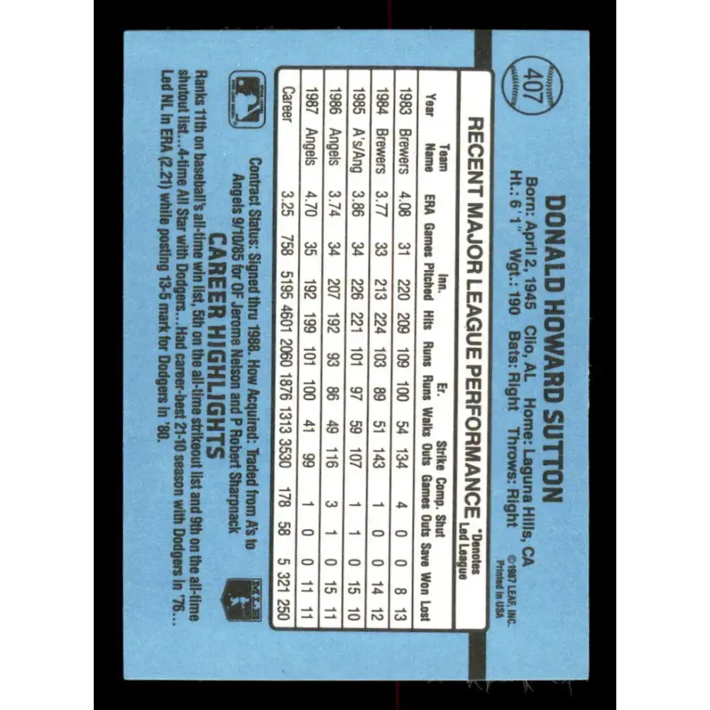 1988 Donruss #407 Don Sutton EX California Angels Baseball Card - Baseball Card Single