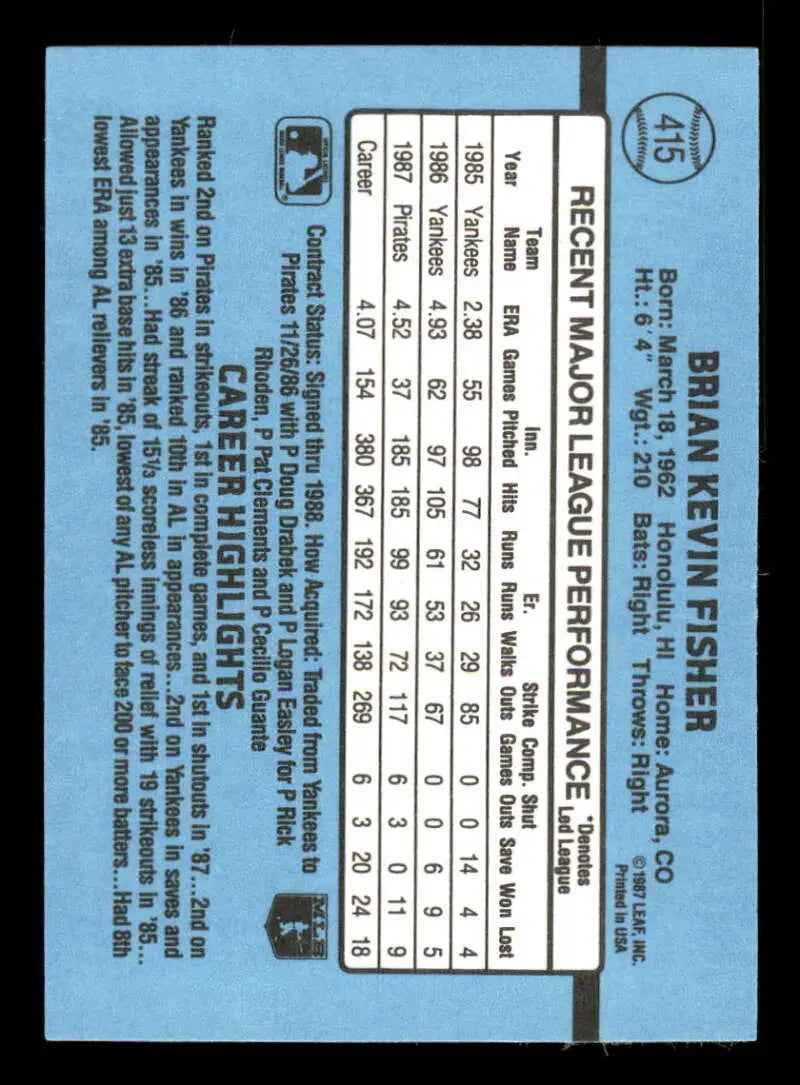 1988 Donruss #415 Brian Fisher NM-MT Pittsburgh Pirates Baseball Card - Baseball Card Single