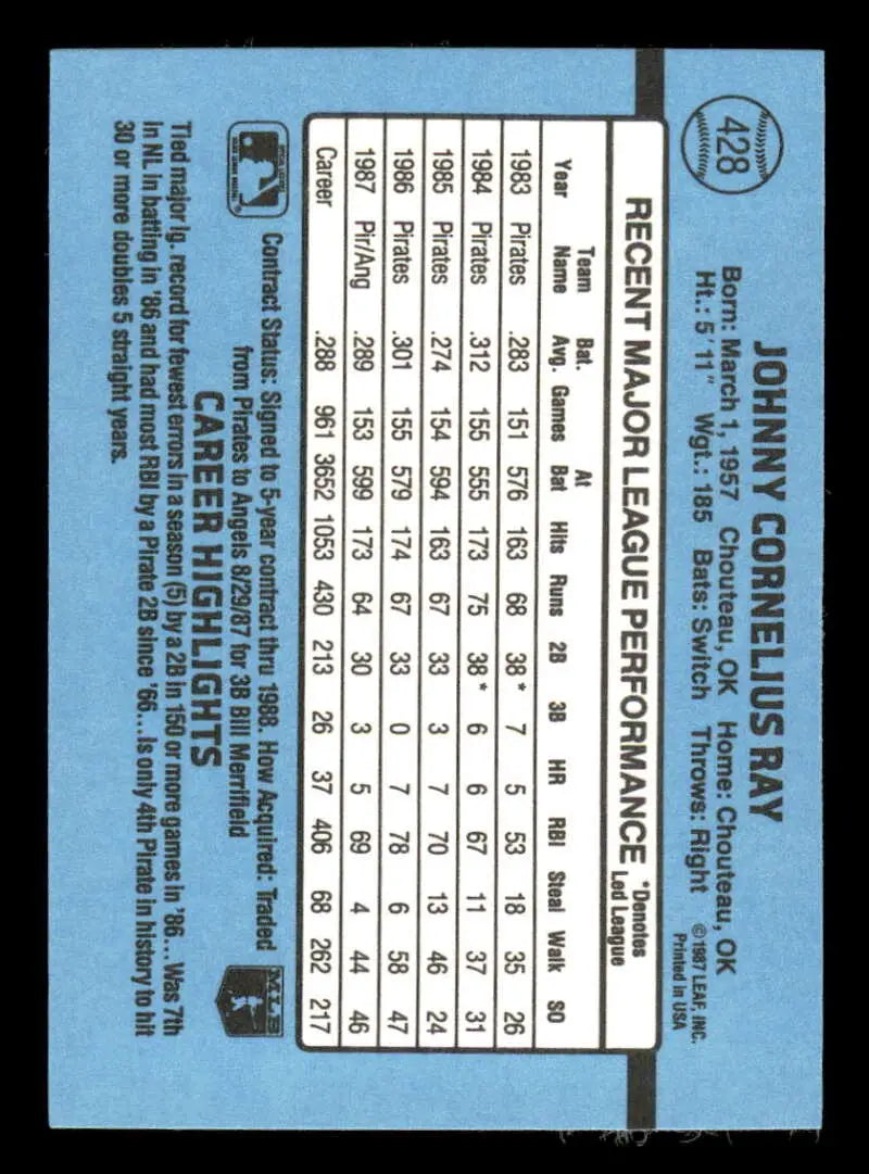 1988 Donruss #428 Johnny Ray NM-MT California Angels Baseball Card - Baseball Card Single