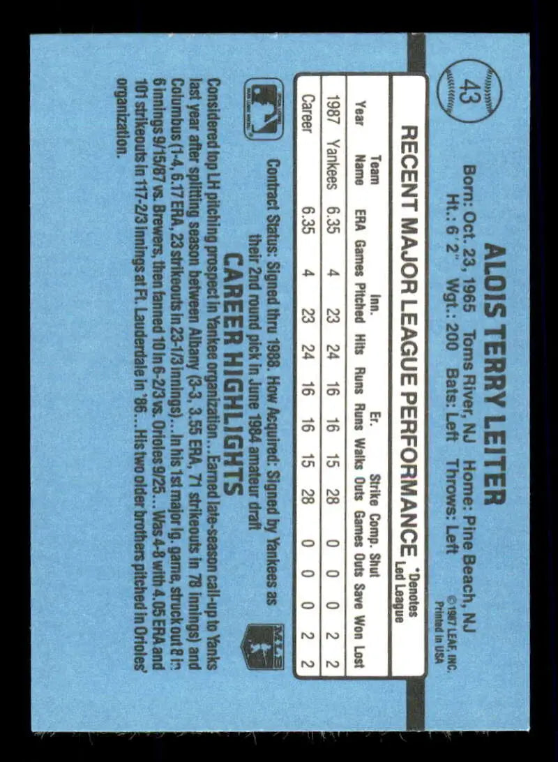 1988 Donruss #43 Al Leiter NM-MT RC Rookie New York Yankees Baseball Card - Baseball Card Single