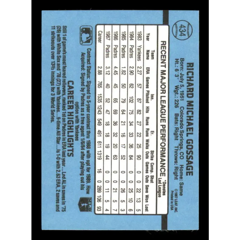 1988 Donruss #434 Rich Gossage EX San Diego Padres Baseball Card - Baseball Card Single