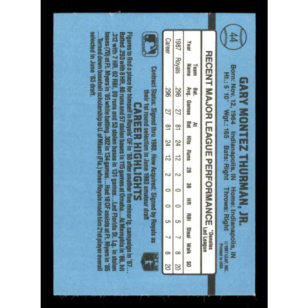 1988 Donruss #44 Gary Thurman EX Kansas City Royals Baseball Card