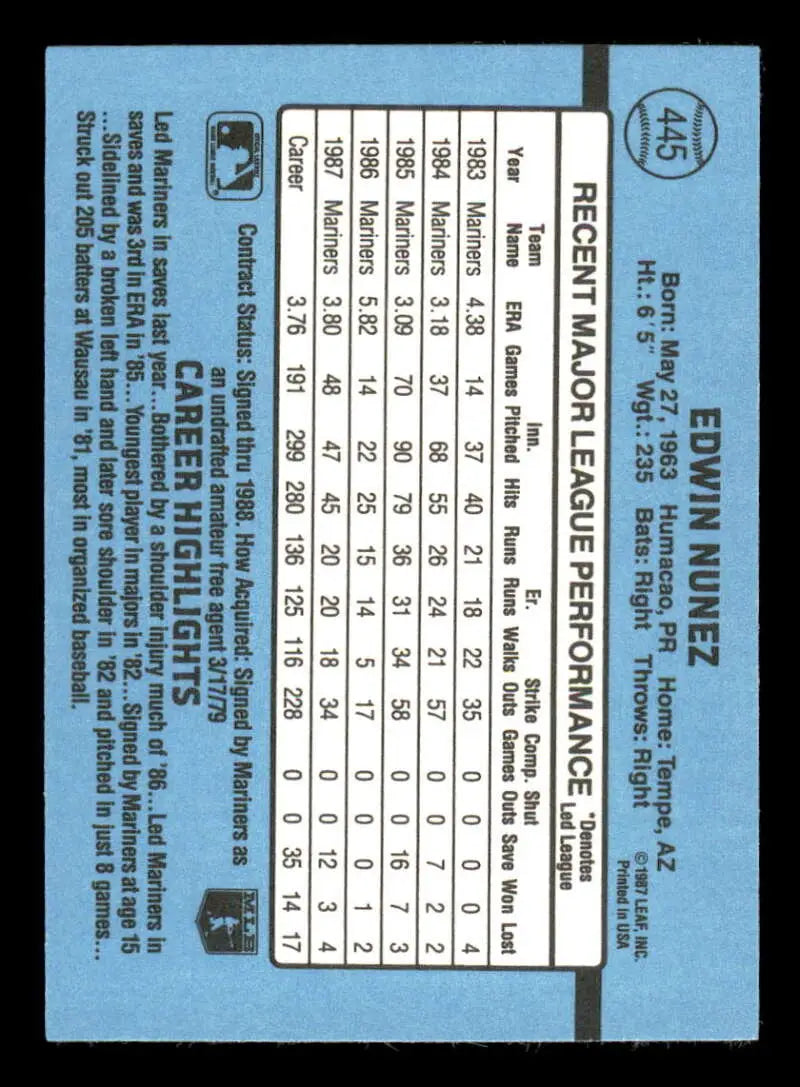 1988 Donruss #445 Edwin Nunez NM-MT Seattle Mariners Baseball Card - Baseball Card Single
