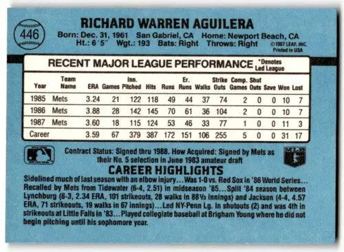 1988 Donruss Rick Aguilera baseball card with original gloss featuring Mets ID 39041