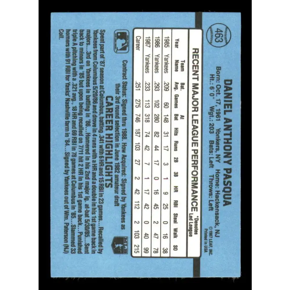 1988 Donruss #463 Dan Pasqua EX New York Yankees Baseball Card - Baseball Card Single