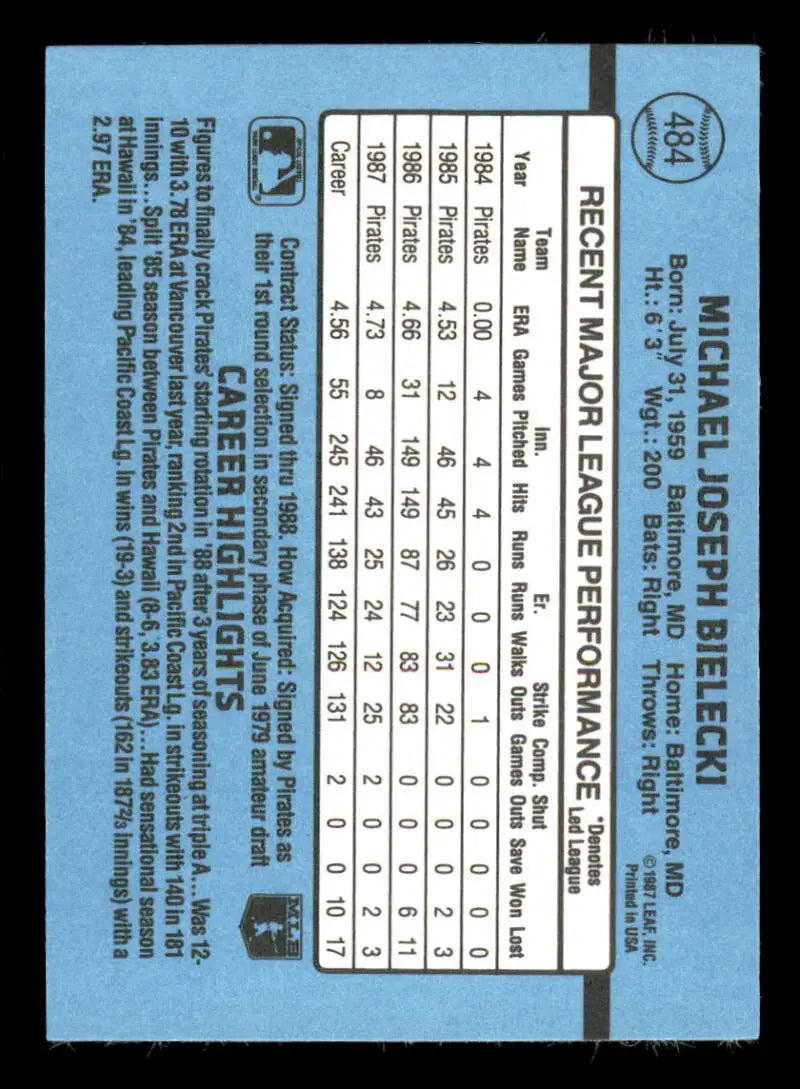 1988 Donruss #484 Mike Bielecki NM-MT Pittsburgh Pirates Baseball Card - Baseball Card Single