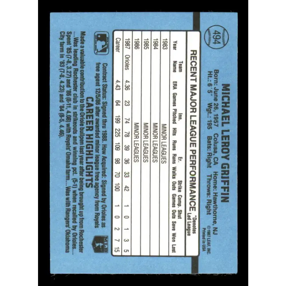 1988 Donruss #494 Mike Griffin EX Baltimore Orioles Baseball Card