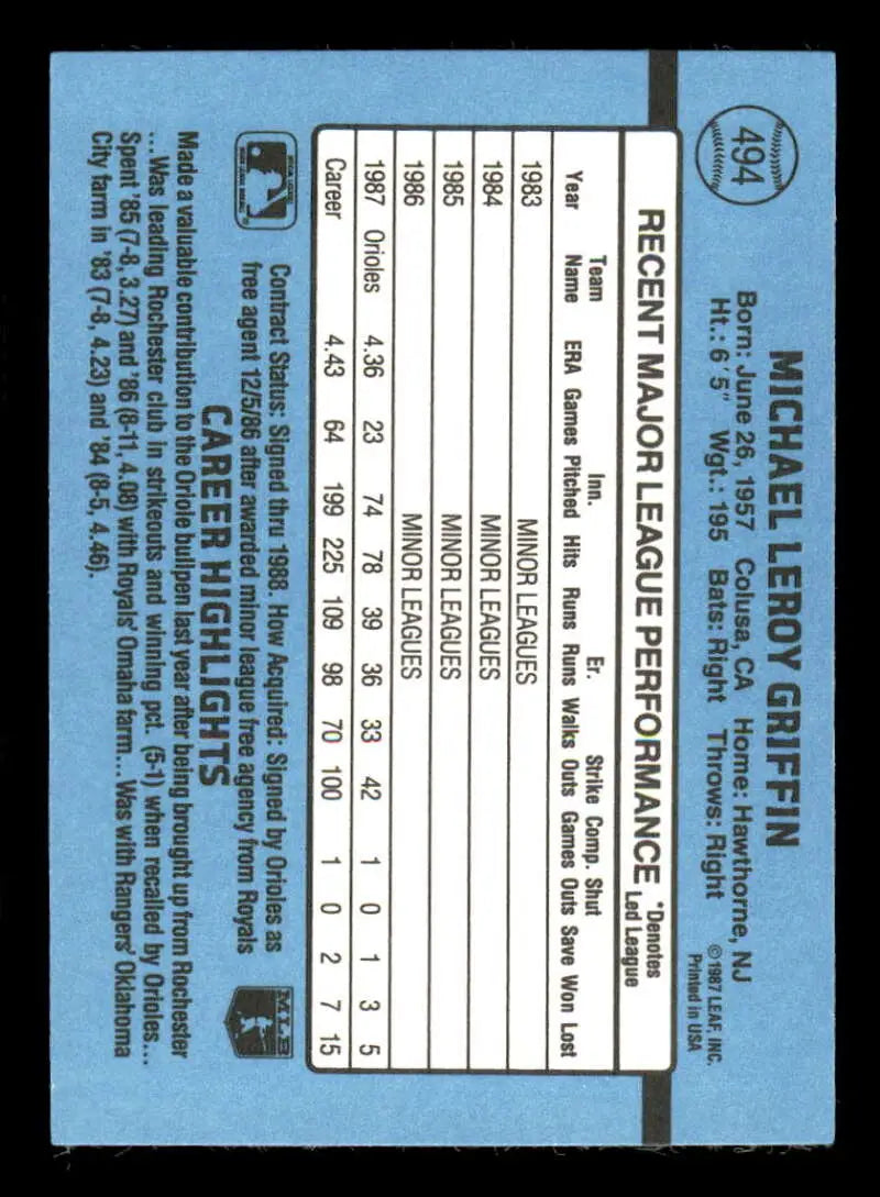 1988 Donruss #494 Mike Griffin NM-MT Baltimore Orioles Baseball Card - Baseball Card Single