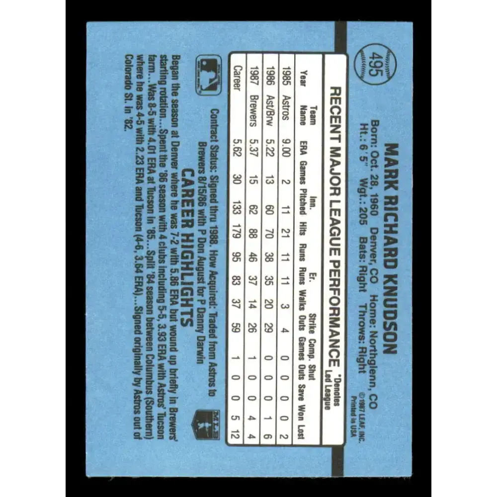 1988 Donruss #495 Mark Knudson EX RC Rookie Milwaukee Brewers Baseball Card - Baseball Card Single
