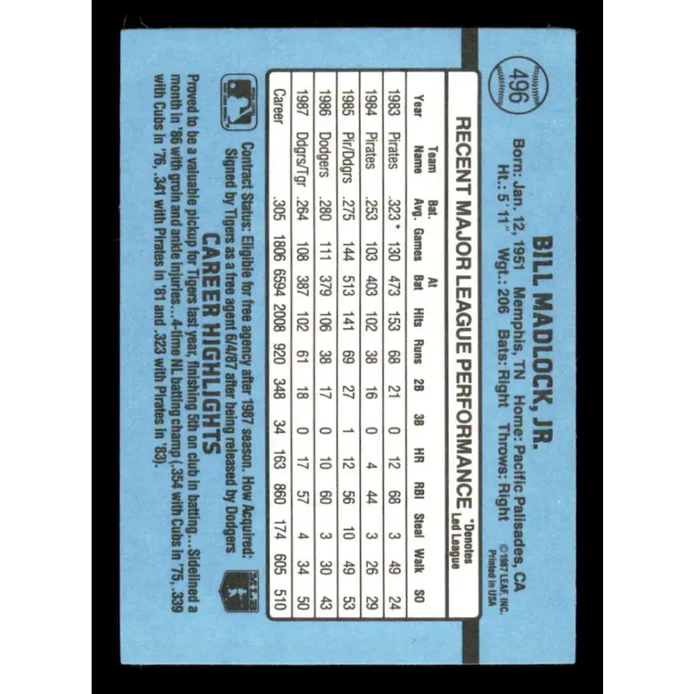 1988 Donruss #496 Bill Madlock EX Detroit Tigers Baseball Card - Baseball Card Single