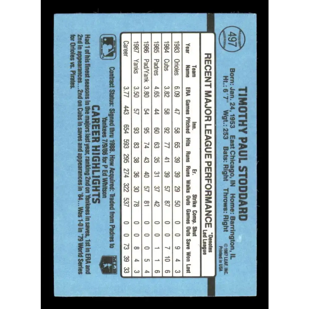 1988 Donruss #497 Tim Stoddard EX New York Yankees Baseball Card - Baseball Card Single