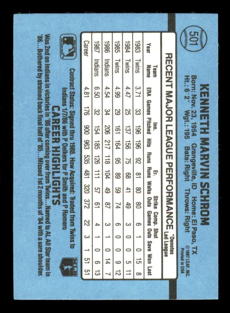 1988 Donruss #501 Ken Schrom NM-MT Cleveland Indians Baseball Card - Baseball Card Single