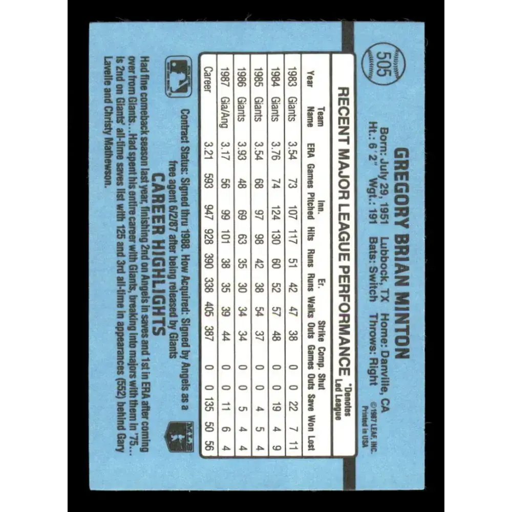 1988 Donruss #505 Greg Minton EX California Angels Baseball Card - Baseball Card Single