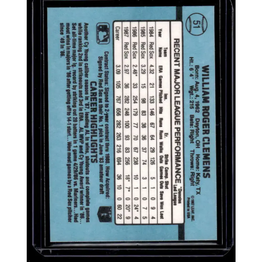 1988 Donruss #51 Roger Clemens Boston Red Sox NM-MT Baseball Card
