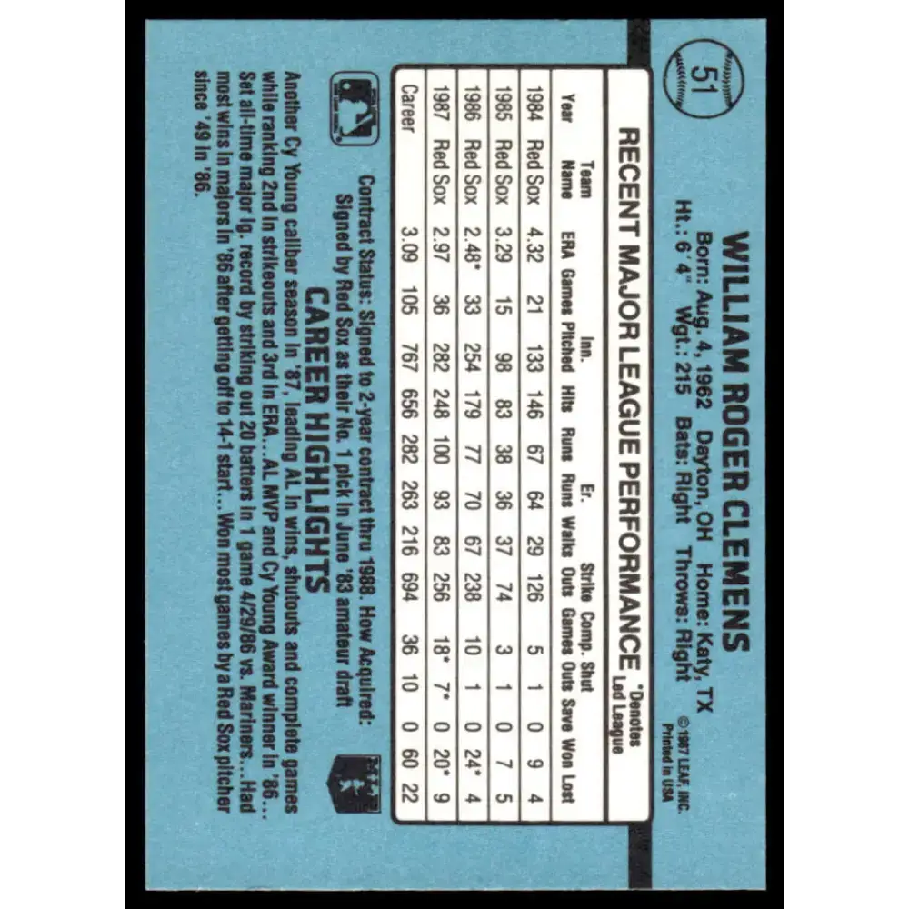 1988 Donruss #51 Roger Clemens EX/NM Boston Red Sox Baseball Card - Baseball Card Single