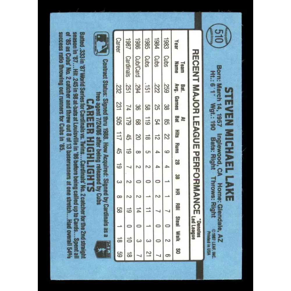 1988 Donruss #510 Steve Lake EX St. Louis Cardinals Baseball Card - Baseball Card Single