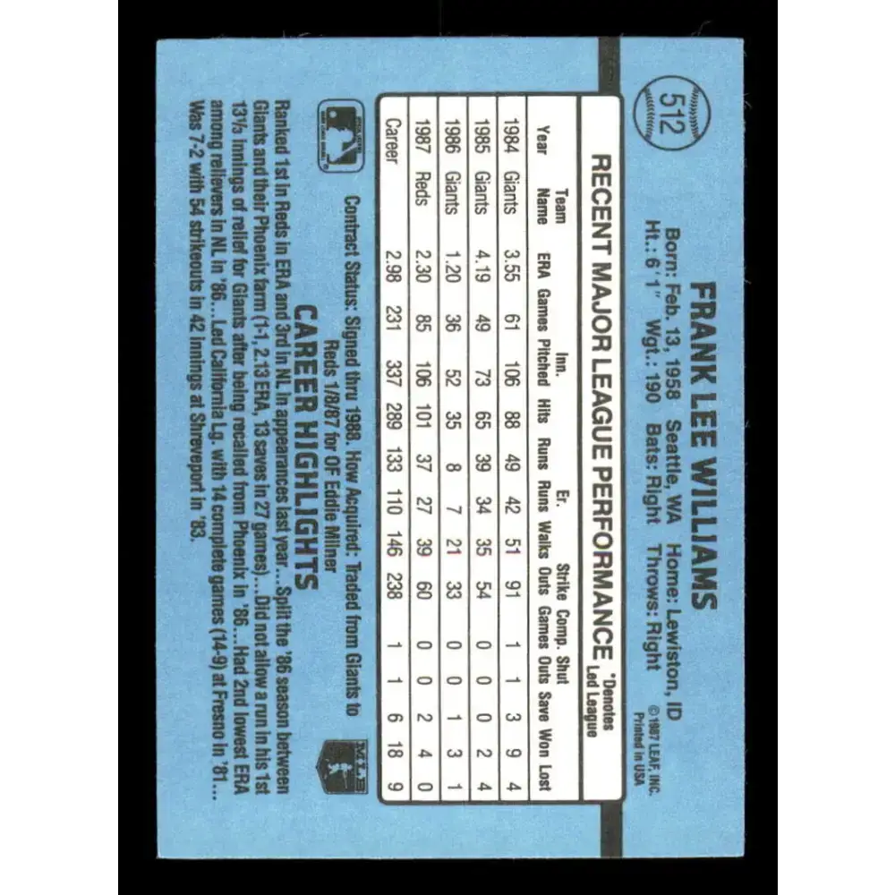 1988 Donruss #512 Frank Williams EX Cincinnati Reds Baseball Card - Baseball Card Single