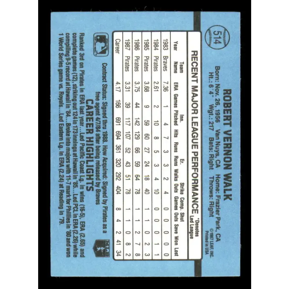 1988 Donruss #514 Bob Walk EX Pittsburgh Pirates Baseball Card - Baseball Card Single