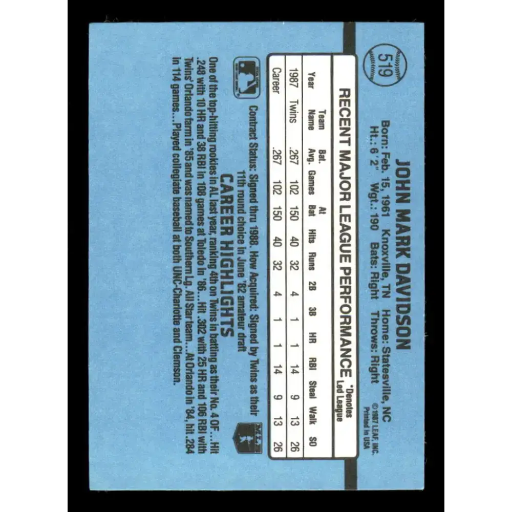 1988 Donruss #519 Mark Davidson EX RC Rookie Minnesota Twins Baseball Card