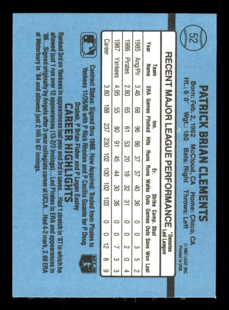 1988 Donruss #52 Pat Clements NM-MT New York Yankees Baseball Card - Baseball Card Single