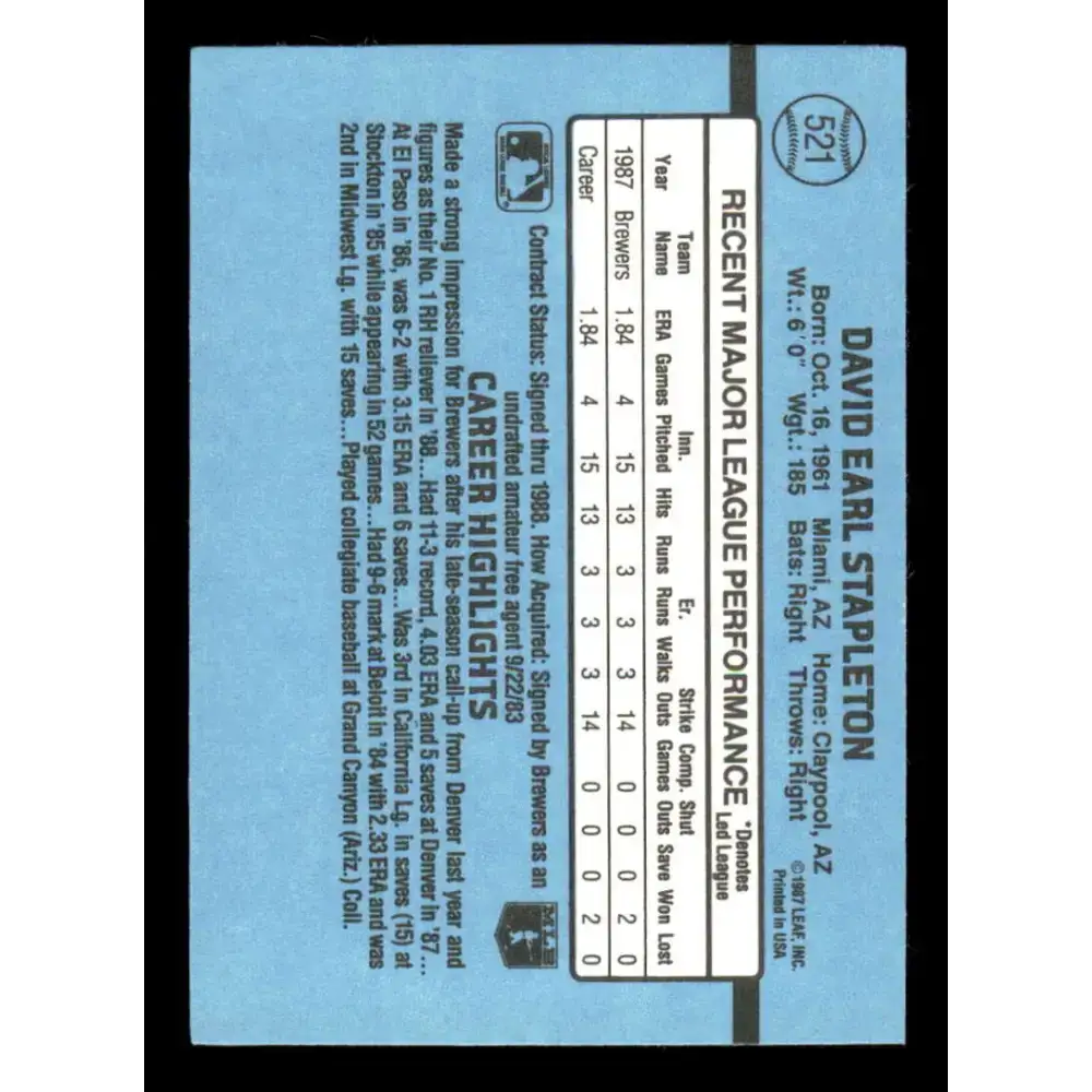 1988 Donruss #521 Dave Stapleton EX Milwaukee Brewers Baseball Card