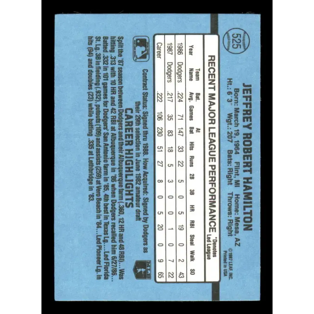 1988 Donruss #525 Jeff Hamilton EX Los Angeles Dodgers Baseball Card - Baseball Card Single