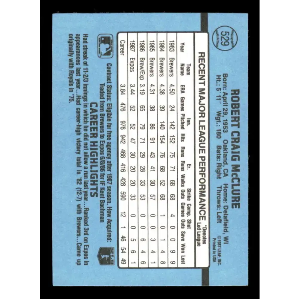 1988 Donruss #529 Bob McClure UER EX Montreal Expos Baseball Card - Baseball Card Single