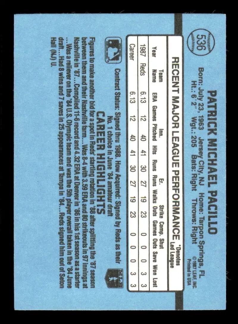 1988 Donruss #536 Pat Pacillo NM-MT Cincinnati Reds Baseball Card - Baseball Card Single