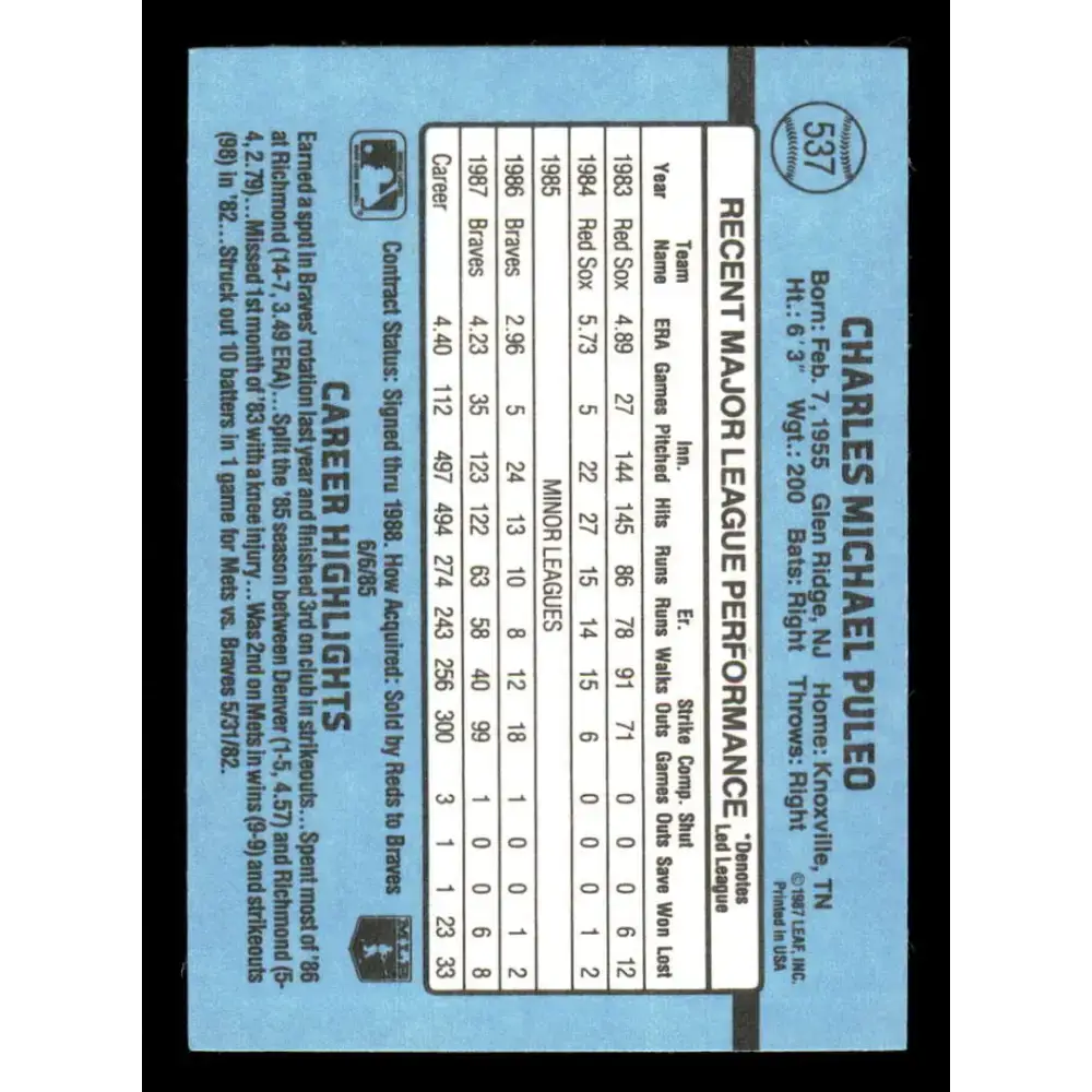 1988 Donruss #537 Charlie Puleo EX Atlanta Braves Baseball Card - Baseball Card Single