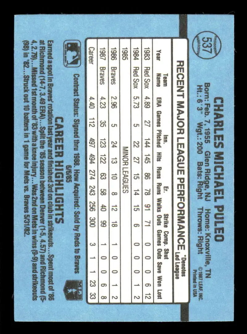 1988 Donruss #537 Charlie Puleo NM-MT Atlanta Braves Baseball Card - Baseball Card Single