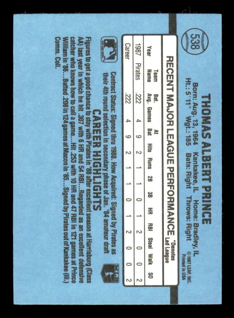 1988 Donruss #538 Tom Prince NM-MT Pittsburgh Pirates Baseball Card - Baseball Card Single