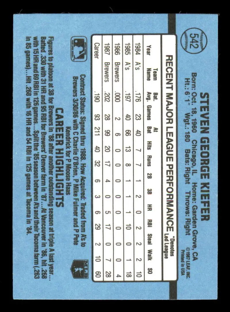 1988 Donruss #542 Steve Kiefer NM-MT Milwaukee Brewers Baseball Card - Baseball Card Single