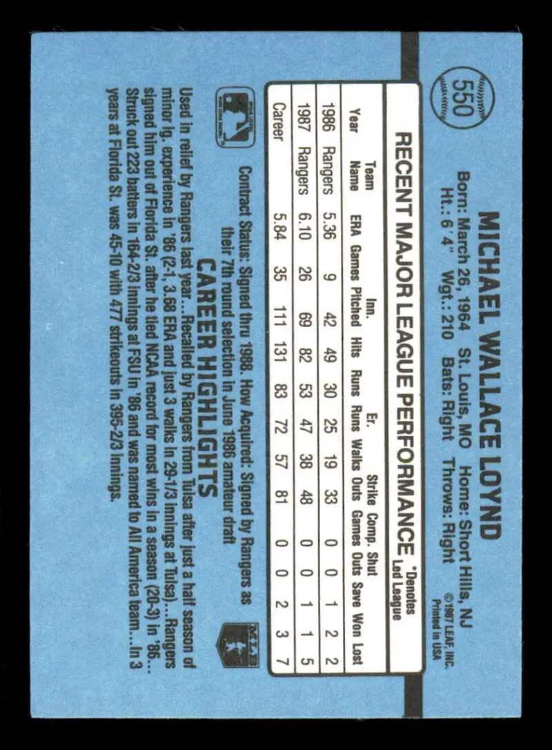 1988 Donruss #550 Mike Loynd NM-MT Texas Rangers Baseball Card - Baseball Card Single