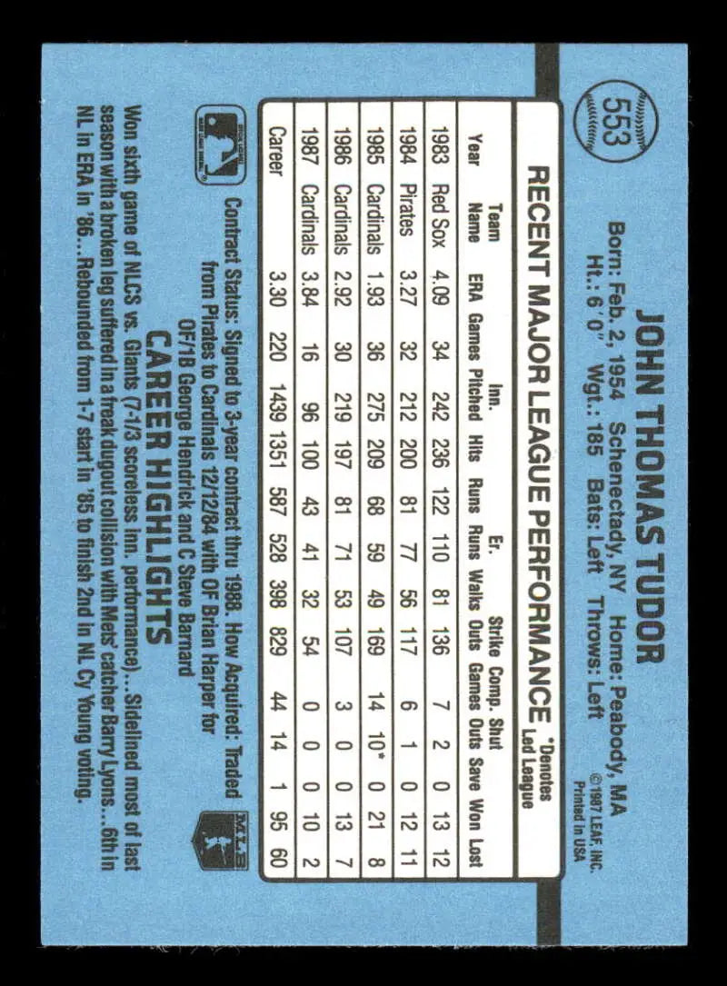 1988 Donruss #553 John Tudor NM-MT St. Louis Cardinals Baseball Card - Baseball Card Single