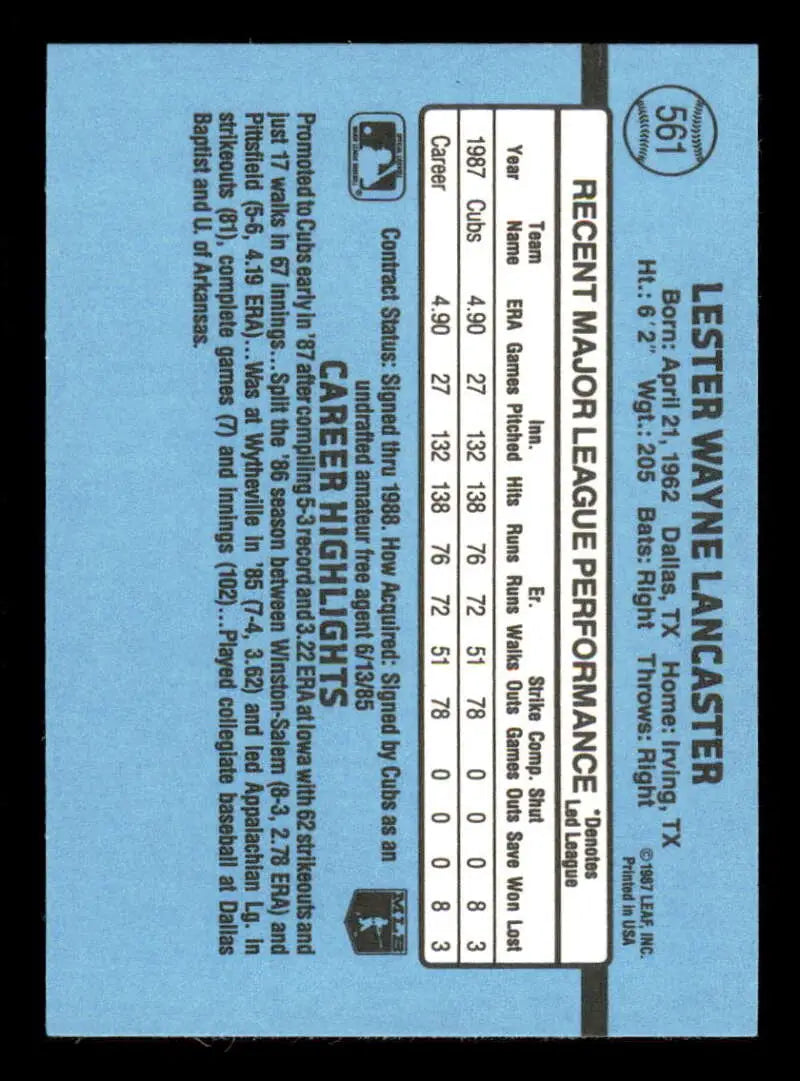 1988 Donruss #561 Les Lancaster NM-MT RC Rookie Chicago Cubs Baseball Card - Baseball Card Single
